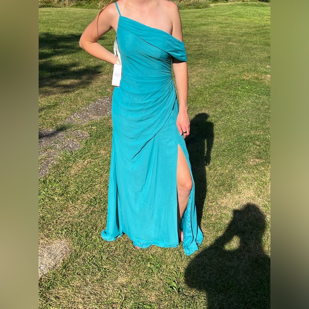 Blue off the shoulder floor length dress. JJs House. Never worn, tags still on.